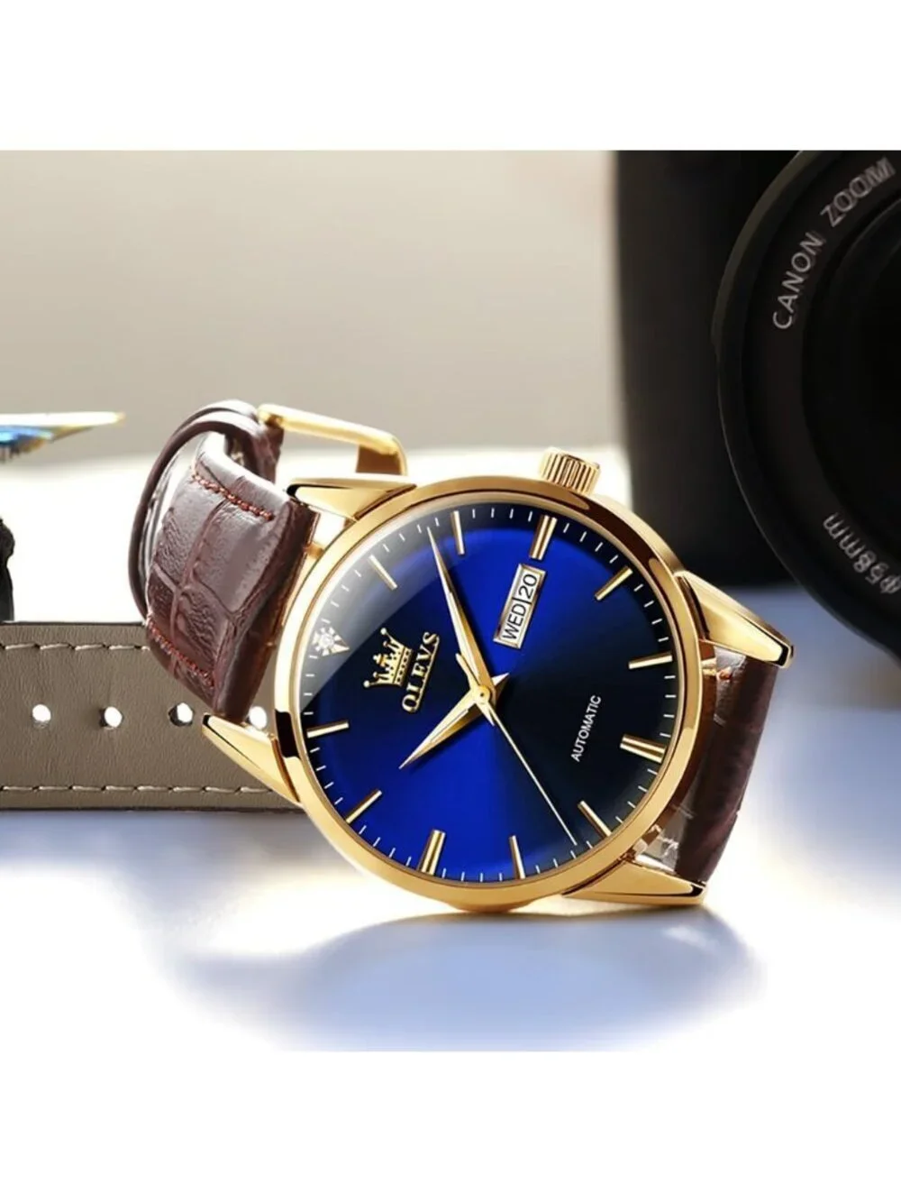 Men's Brown strap/Blue Dial Luxury Leather Band Mechanical Classic Wrist Watch